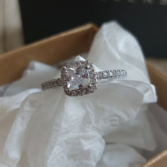 Silver 💍 Ring Cubic Zirconia Halo Ring - Picture 2 of 10